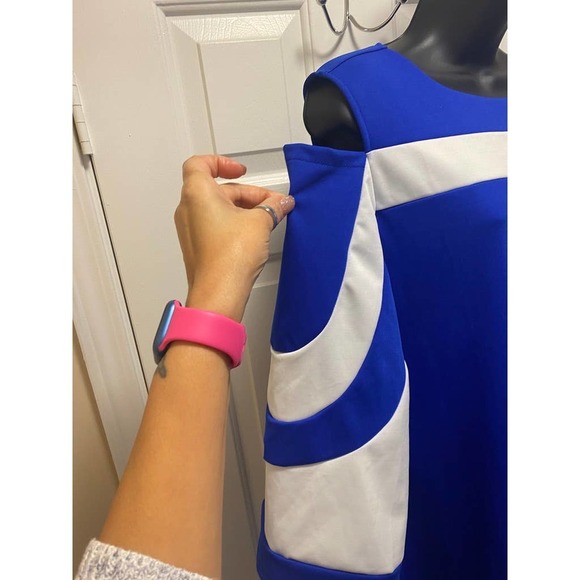 Elapsy Royal Blue & White Womens Mini Dress 3/4 Flare Sleeve Cold Shoulder Large - Picture 6 of 8